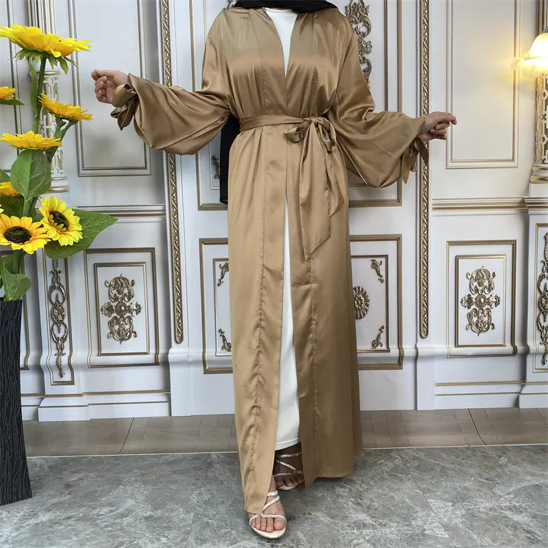 Thin Satin Tie Lantern Cuffs Cardigan